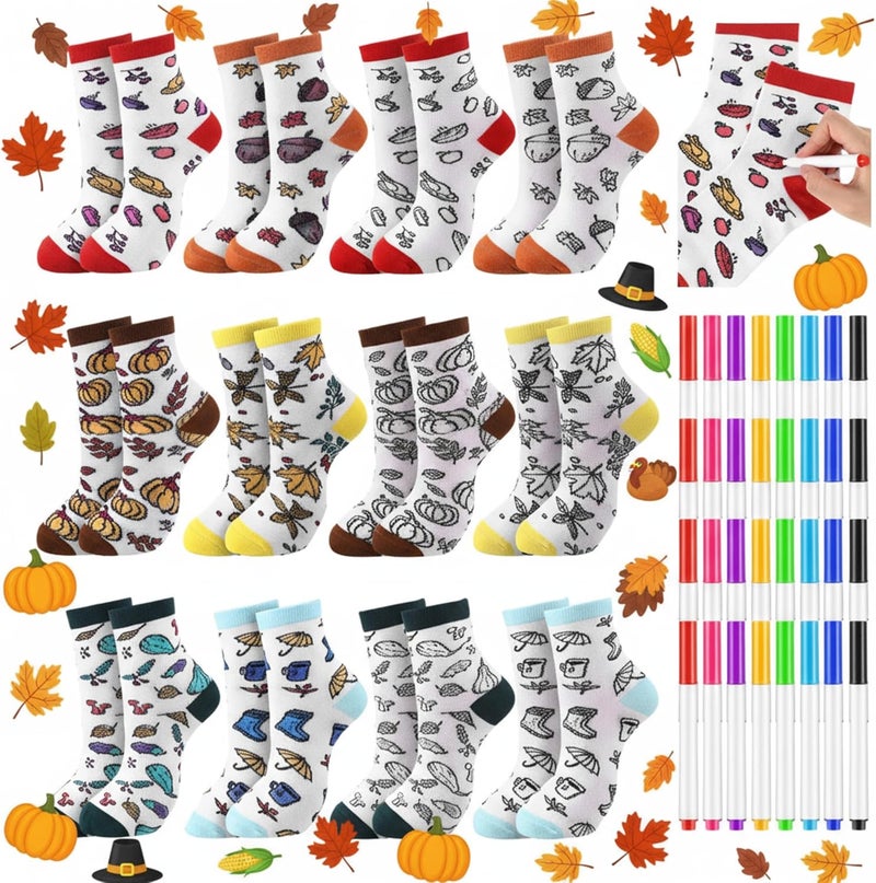 ShinyMatch 12 Pairs Doodle Socks Color Your Own Socks DIY Drawing Craft Arts with 48 Pcs Markers - Image 1